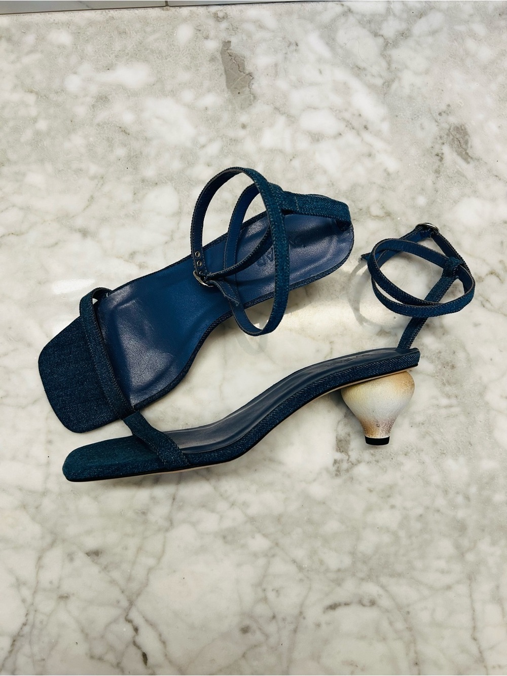 By Far Denim Sculptural Heel Sandals Ankle Strap Size 39 - Picture 2 of 4